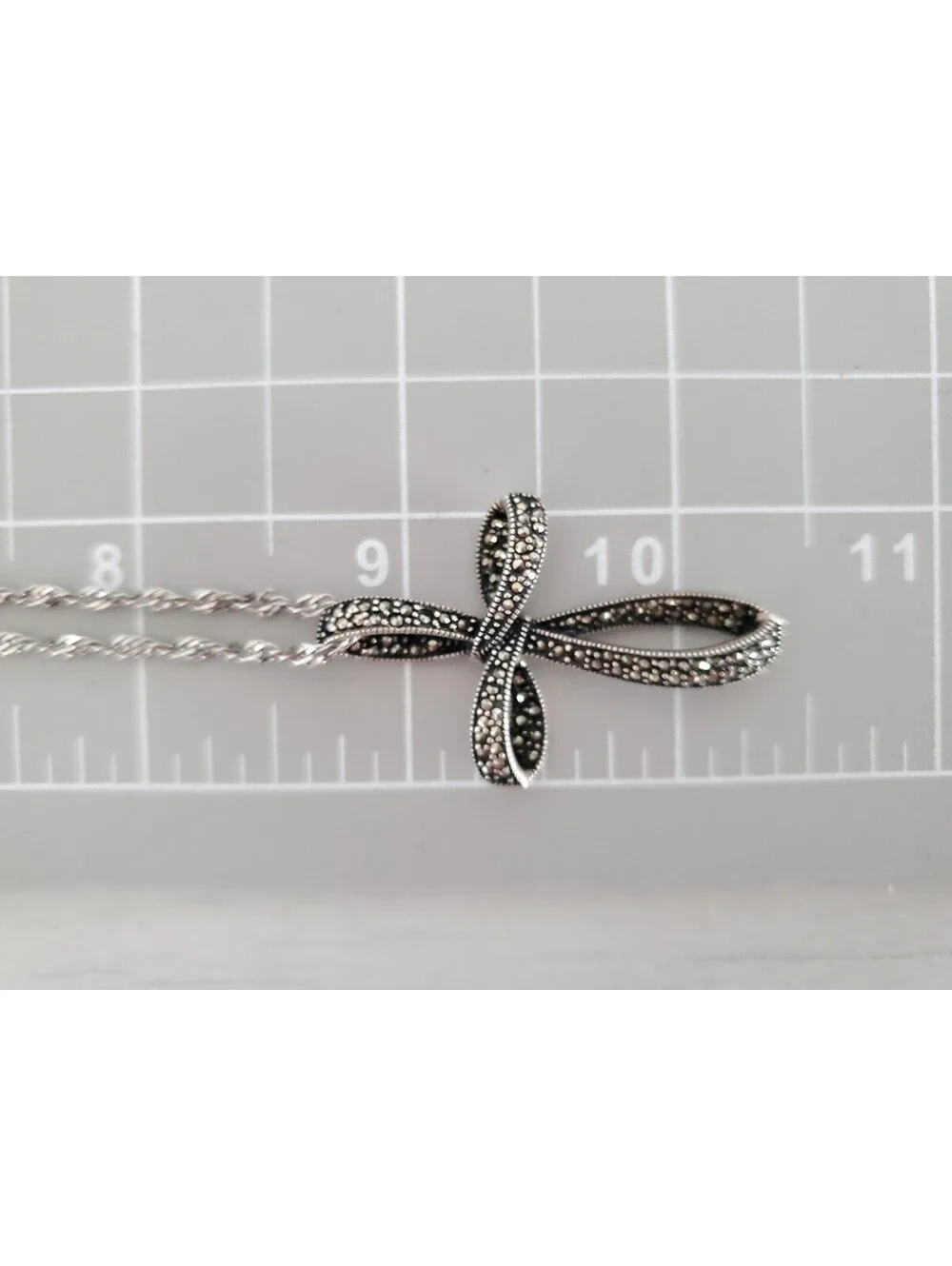 Vintage Sterling Silver Ribbon Marcasite Cross Necklace
